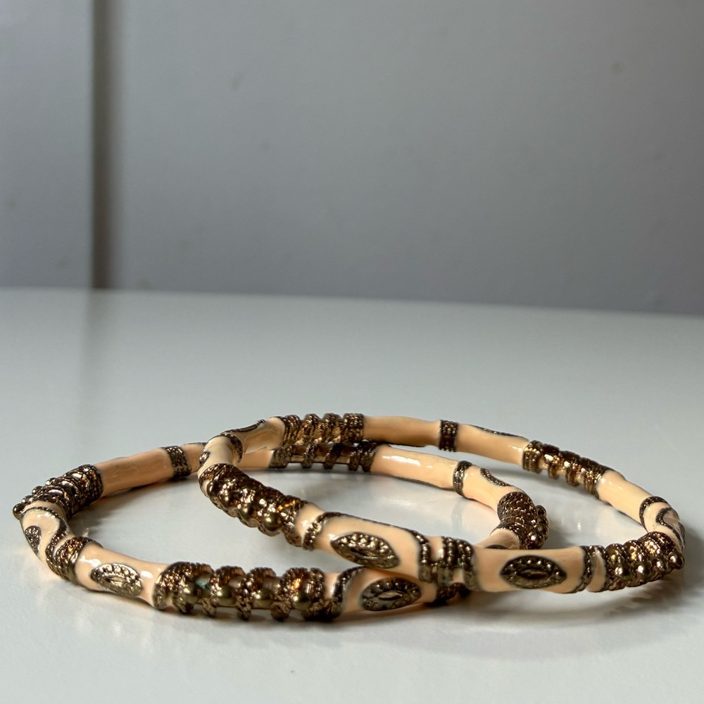 Vintage Cream Enamel and Gold Tone Women's Boho Bangle Bracelets Set of 2